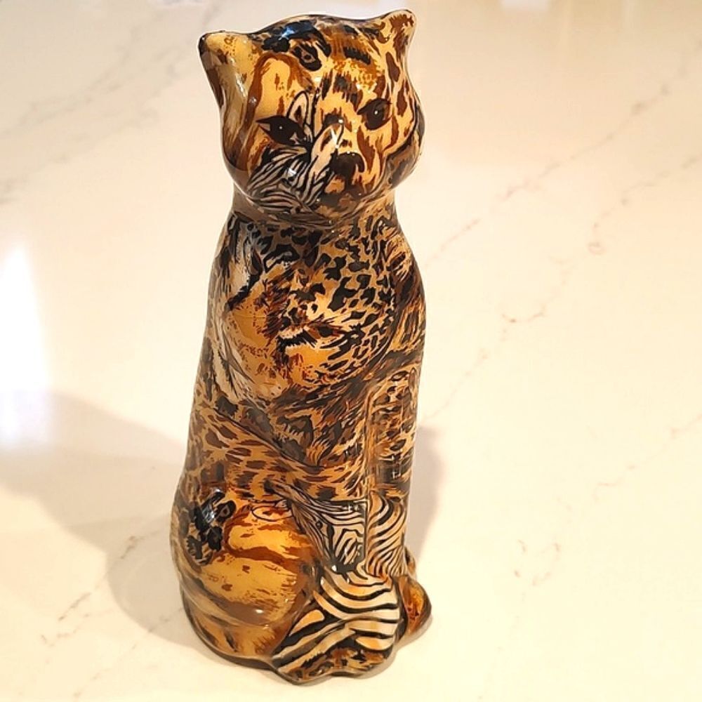 LaVie Vintage Safari Wrapped Patchwork Animal Print Cat Figurine